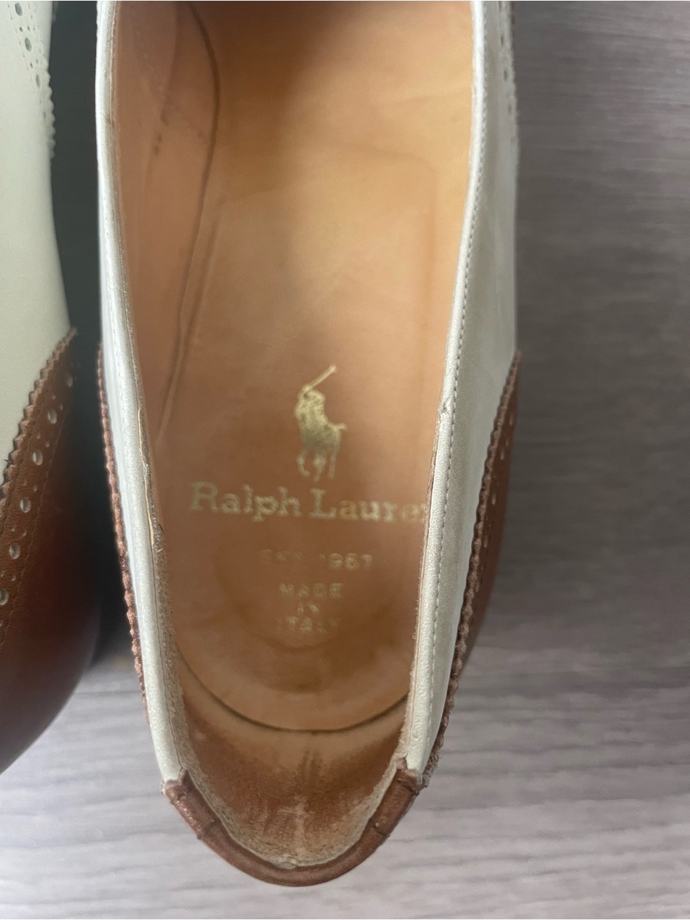 Vintage Ralph Lauren Two-Tone Brown and Cream Wingtip Oxfords 6.5 Shoes - Picture 11 of 16